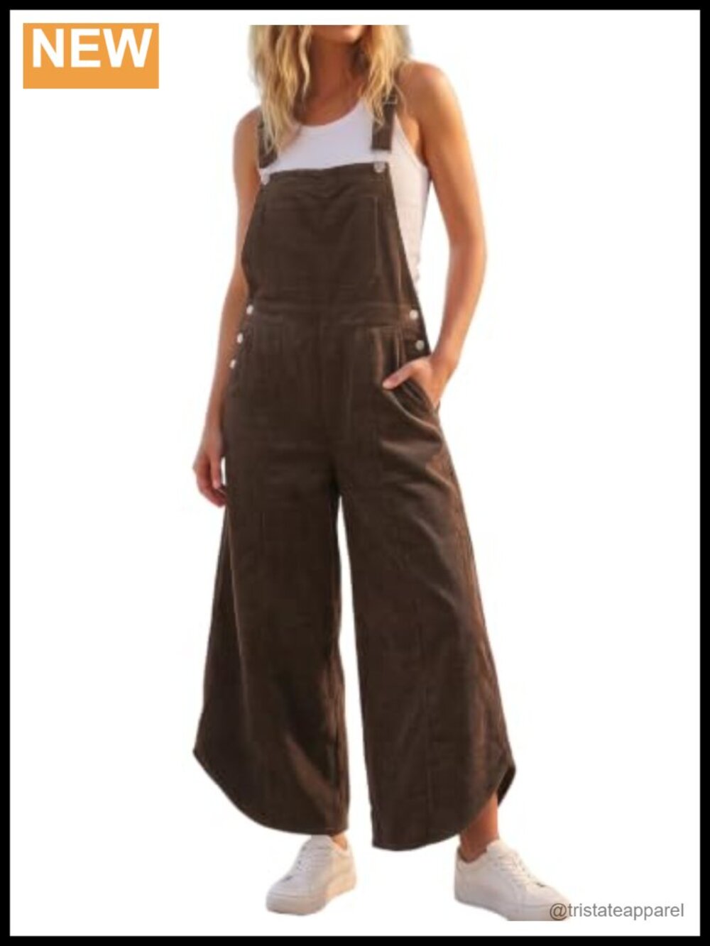 Corduroy Overalls Tulip Hem Wide Leg Bib Jumpsuit Adjustable Straps